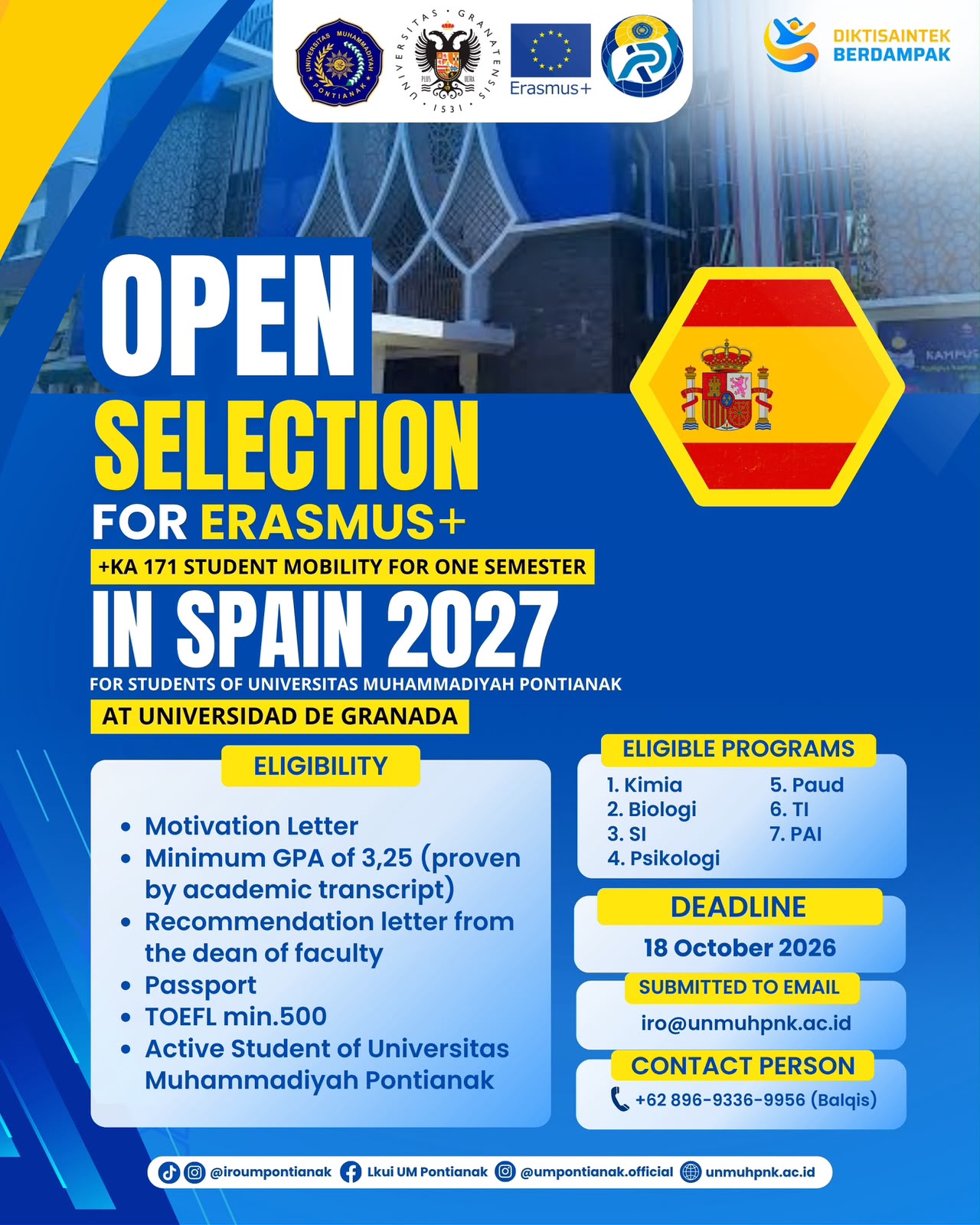 Open Selection Erasmus+ KA171 Student Mobility ke Universidad de Granada 2027